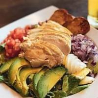 Cobb Salad · Romaine, grilled chicken, boiled egg, avocado, bacon bits, tomato, red onion, peppered garli...