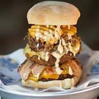 Frat House Burger · 2  Harris ranch ½ pound beef patties deep-fried in beer batter, beer-braised pulled pork, ap...