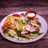 Fajita Chicken Salad · Mixed greens, seasoned grilled chicken, tomato, sour cream, pickled onions and mixed cheese ...
