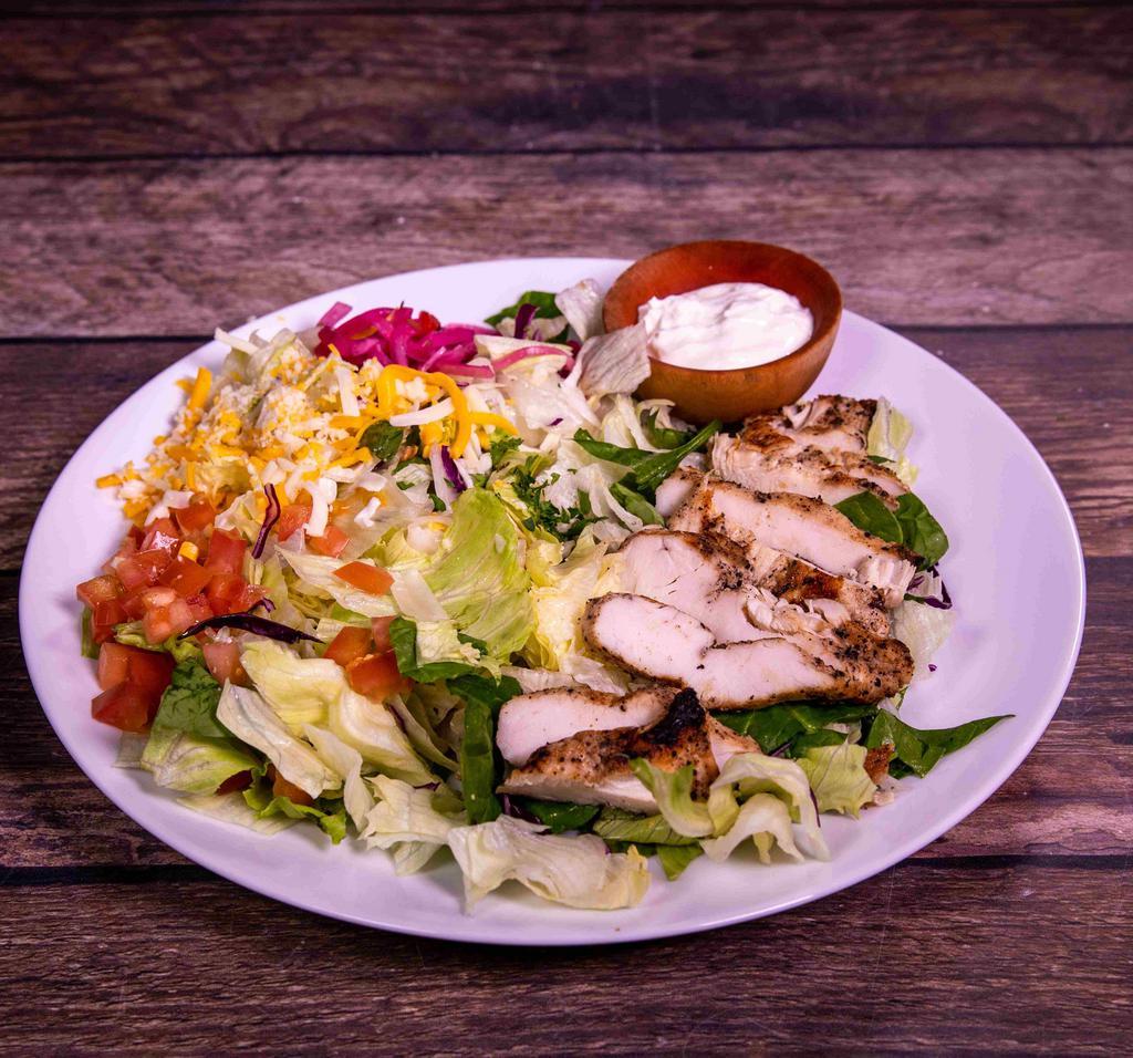 Fajita Chicken Salad · Mixed greens, seasoned grilled chicken, tomato, sour cream, pickled onions and mixed cheese and your choice of dressing.