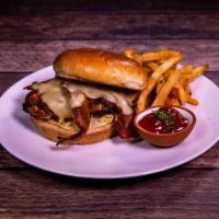 Grilled Chicken Sandwich · Fresh grilled chicken topped mozzarella, bacon, lettuce and tomato. Served on a toasted brio...