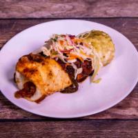 Burrito · Stuffed with your choice of chicken or ground beef, sauteed poblano peppers and onions, rice...