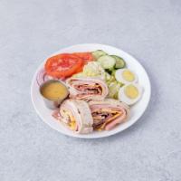 Chef's Salad · Roasted turkey, roast beef, hard boiled egg, Swiss cheese, American cheese all wrapped and s...