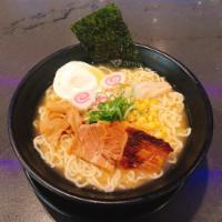 R2. Tonkatsu Ramen · Ramen noodle in pork bone broth with pork belly, egg, fish cake, seaweed and scallions.