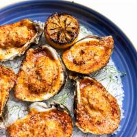 GRILLED GULF OYSTERS · Grilled with piquillo butter, charred lemon, baguette