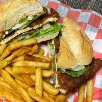 11. Pollo Rumbero Sandwich · Chicken. Bread, breaded chicken, lettuce, pickles, ketchup, mayonnaise and french fries.