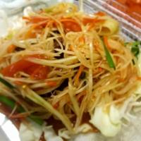 Lao Papaya Salad Specialty · Shredded papaya with black crab, fresh chili peppers, tomatoes, and carrots in lime juice.