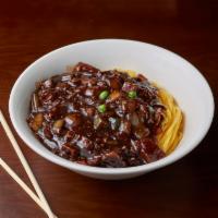 Ja Jang Myun 짜장면 · Freshly made noodles with pork and vegetables in black bean sauce.