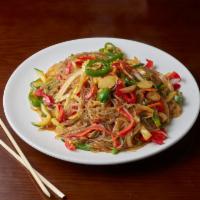 Gochu Japchae with Rice 고추잡채밥 · Stir-fried sweet potato starch noodles with shredded beef, vegetables, and spicy green peppe...