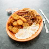 Hungry Man Combo · 2 eggs, 2 pancakes, 2 French toast, 2 bacon, 2 sausages served with home fries.