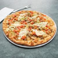 Cheesesteak Hoagie Pizza · Steak, lettuce, tomato, onions and American cheese. Served white.