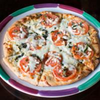 Four Cheese Pizza · Fontina, mozzarella, Gouda, and Parmesan cheese topped with fresh basil and tomato over oliv...