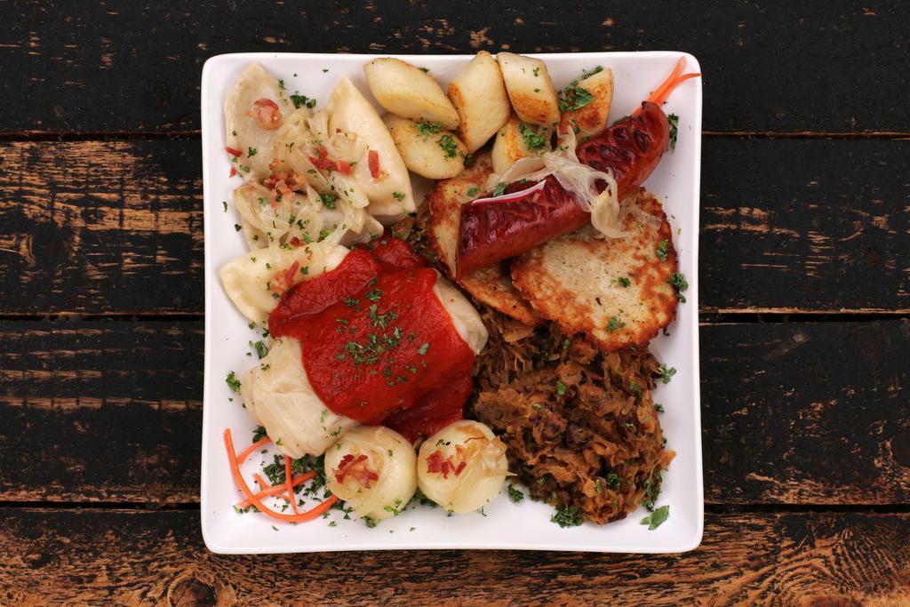 Taste of Poland · Specially prepared platter with many of our delicious traditional Polish meals to taste. Try wonderful pierogi, golabki, Polish sausage, bigos, and potato dumplings. All served with potato pancakes.
Best for 2+
