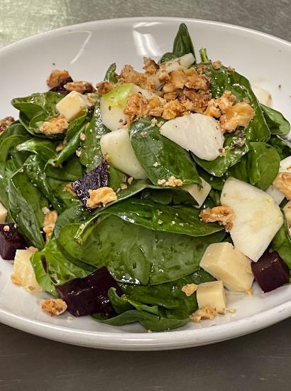 BABY SPINACH AND BEET SALAD · Apple, Candy Walnuts, Summer Balsamic Vinegar