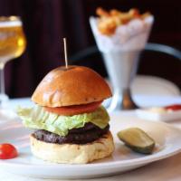 8 oz. B. Cafe Burger · Fresh ground beef, pancetta, Gruyere cheese, capers-mayo and frites.