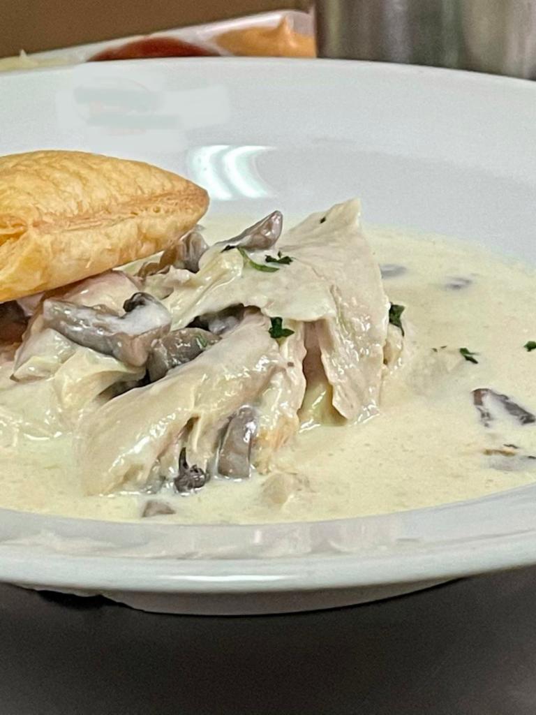 Chicken Vol au Vent · Puff pastry, Belgian chicken stew, mushrooms, pearl onions, frites