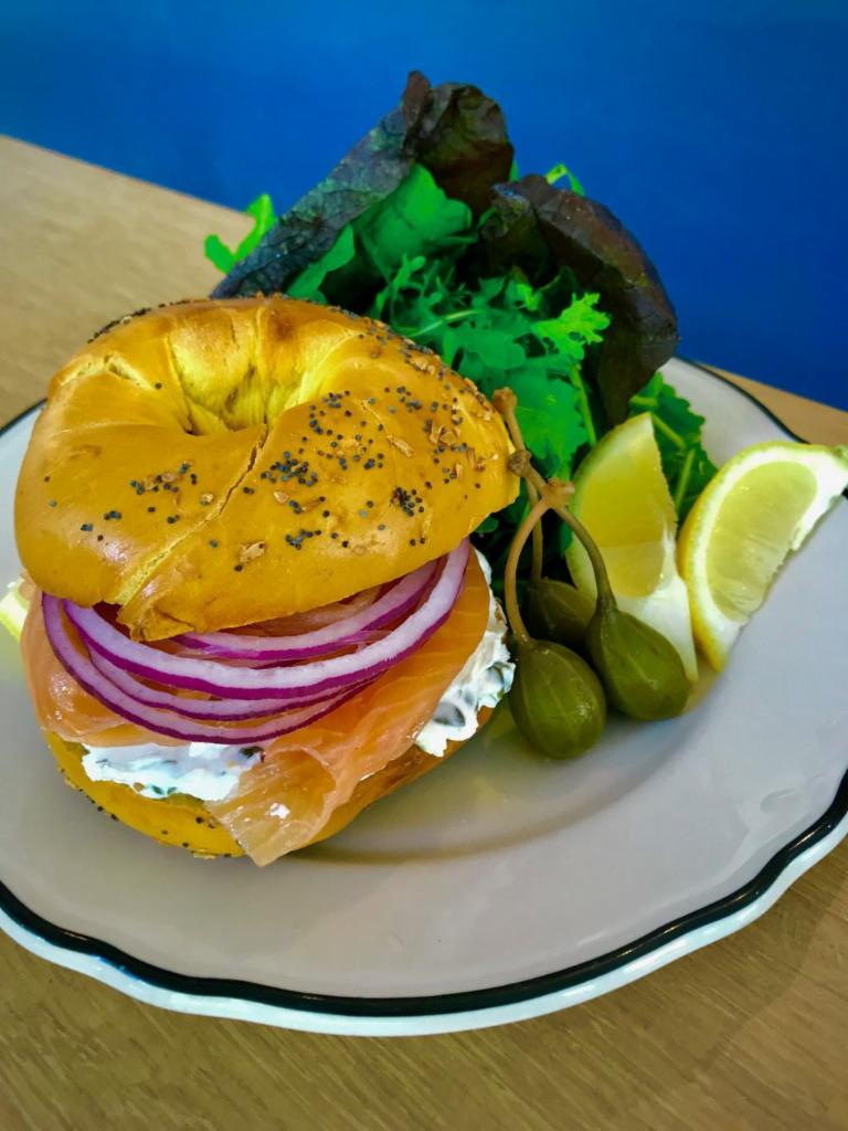 LOX SANDWICH · Our House Cured(with Gin) Gravlax, Cream Cheese, Capers, Red Onion sandwiched between your choice of toasted bagel:)