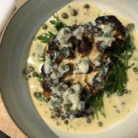 Charred Cauliflower Piccata (V) · Charred and the roasted cauliflower steak, served with piccata sauce-our vegan version of th...