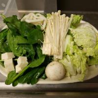 Assorted Veggies · Additional serving of spinach, Napa cabbage, enoki mushrooms, white mushrooms, tofu, and udon