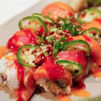 Las Vegas Roll · Inside: salmon, cucumber and shrimp tempura. Outside: tuna, salmon, spicy tuna, jalapeno, sp...