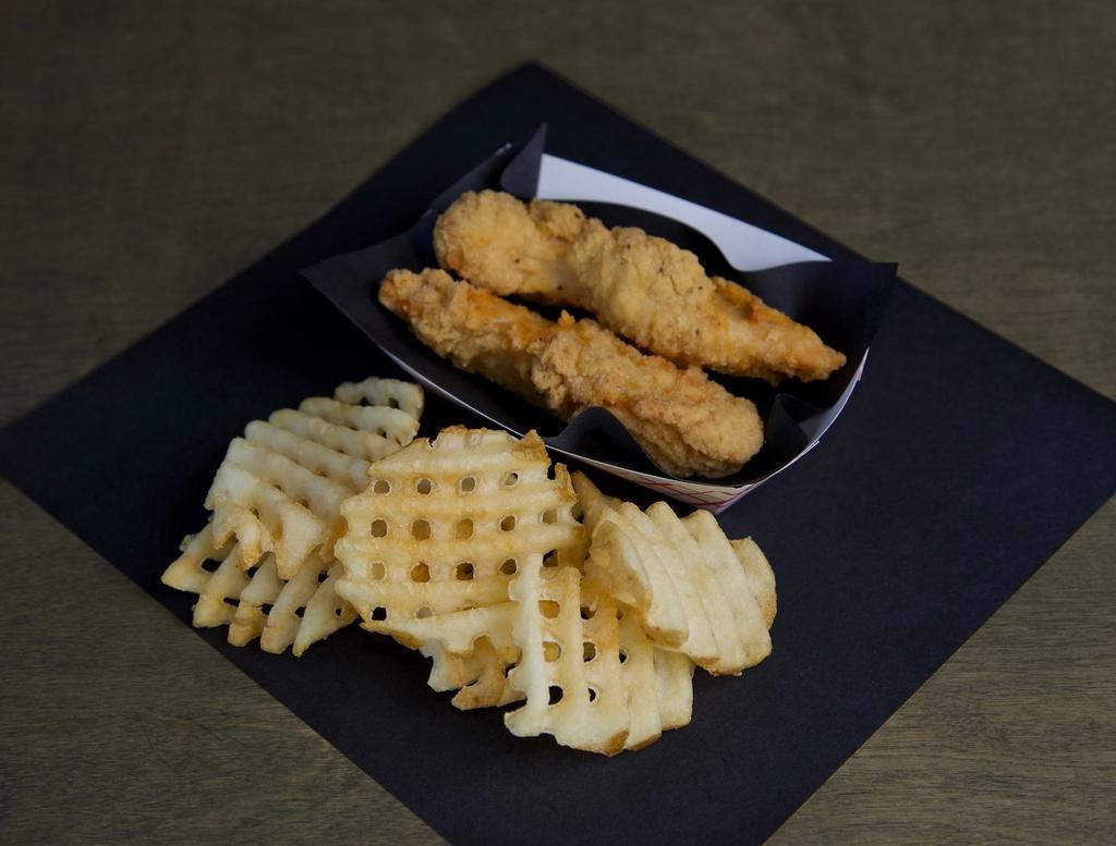 Kid's Chicken Tenders w Fries & Juice · 2 crispy chicken tenders. Served with waffles fries.