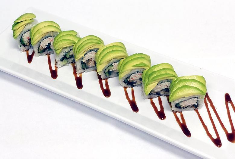 Caterpillar Roll · In: Imitation Crab, Eel, Cucumber
Out: Avocado