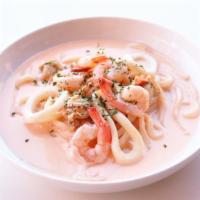 Mentai Seafood Udon · Mentai Cream Sauce, Shrimp, Scallop, Squid
