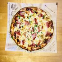 Hawaiian BBQ Pizza (760 Cal) · bbq sauce, mozzarella, canadian bacon, pineapple, red onion, cilantro