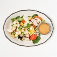 15. House Thai Salad (VG, GF) · a crispy healthy meal, mixed greens, red bell, mushroom, pineapple, onions, tomato, beanspro...
