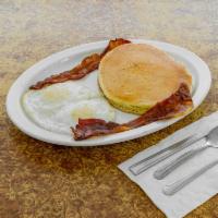 3 Pancakes Combo · Served with 2 eggs any style and 2 bacon strips