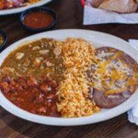 8. Red Chile Pork Plate · Red chile con carne (pork) served with 2 flour tortillas. Served with beans, rice, on the si...