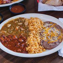 8. Green Chile Pork Plate · Green chile con carne (pork) served with 2 flour tortillas. Served with beans, rice, on the side.