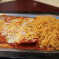 4. Cheese Enchilada Plate · Three rolled cheese enchiladas smothered with choice of chile sauce. Served with beans, rice...