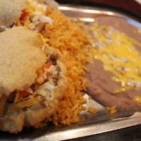 #10 Bean Gordita Plate · Three gorditas made with corn meal, stuffed with Beans. Served with beans, rice, on the side.