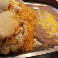 10. Ground Beef Gordita Plate · Three gorditas made with corn meal, stuffed with Beans. Served with beans, rice, on the side.