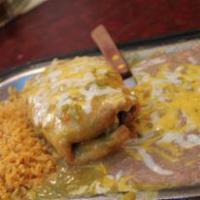 14. Chili with Meat Chimichanga · Chimichanga smothered in Red or Green Chile stuffed with your choice of Red or Green Chili M...