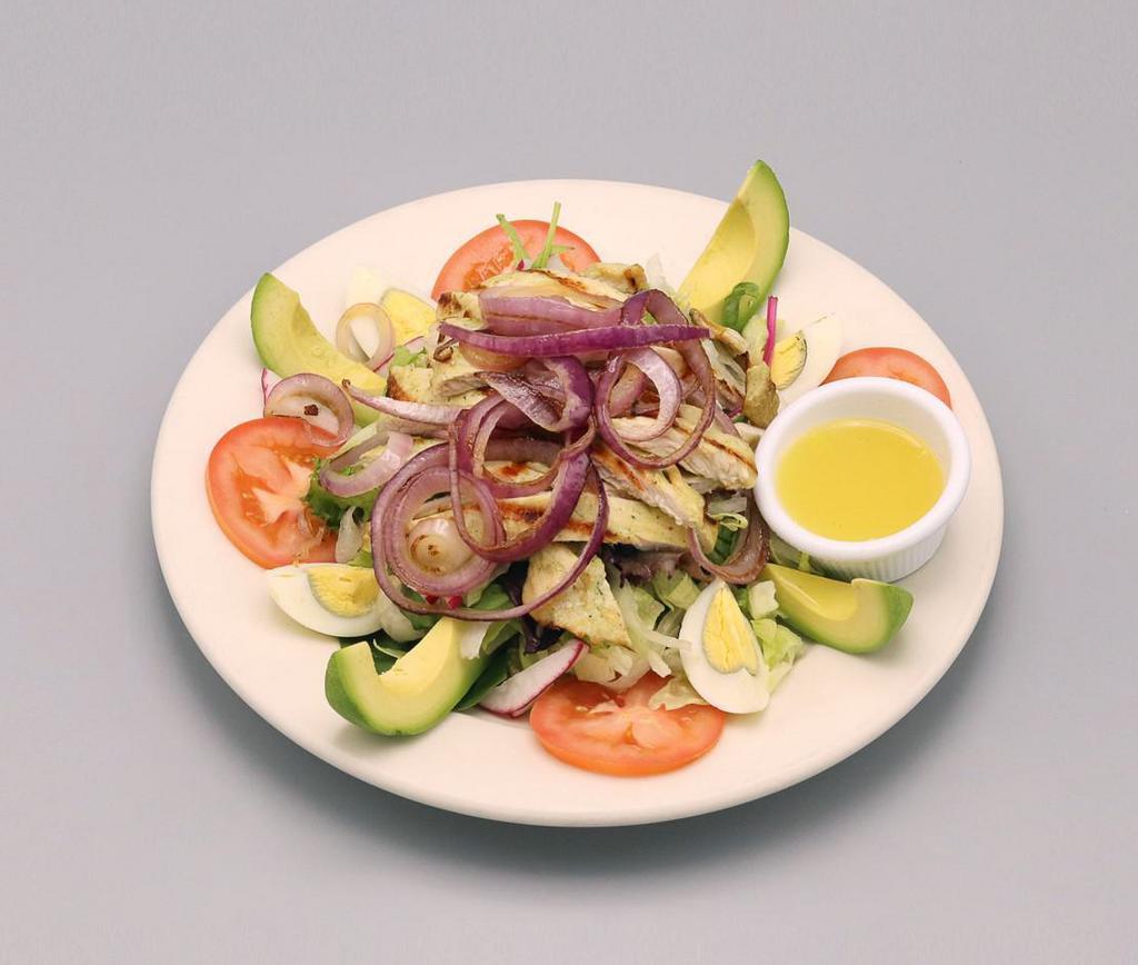 Ensalada de la Casa · Greens, tomatoes, onions, radish, avocado, cucumber, quinoa, hard-boiled eggs, citrus dressing. Add chicken or shrimp for an additional charge.