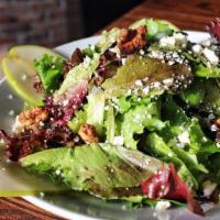 Pear and Gorgonzola Salad  · Greens, candied walnuts and pear vinaigrette dressing. 