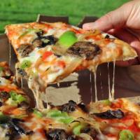 Veg Pizza · Caramelized onions, roasted mushrooms, green peppers, tomato sauce, mozzarella.