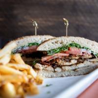 Chicken & Bacon Wich · Grilled chicken, applewood smoked bacon, tomato, balsamic shallots, greens, mayo on a wood-o...