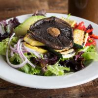 Dr. Grilled Veggie Salad · Field greens, grilled zucchini and yellow squash, roasted red peppers, grilled portabella mu...
