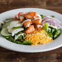 Dr. Buffalo Chicken Salad · Crisp romaine, tomatoes, cucumbers, cheddar, red onion, Buffalo tenders and ranch dressing. ...