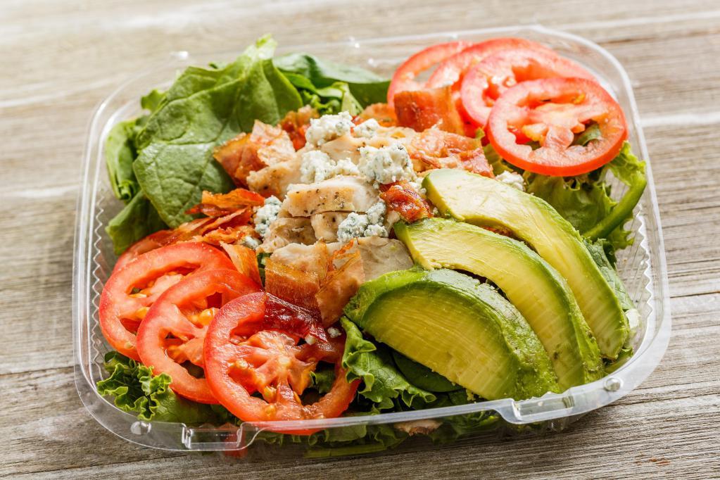 Brown Derby Cobb Salad · Mixed greens, sliced chicken breast, bacon, crumbled bleu cheese, avocado, plum tomatoes and side of spicy honey mustard dressing.