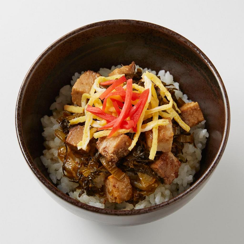 Chashu Pork and Takana Donburi · Chashu (marinated pork), karashi takana (pickled veg), egg, pickled ginger, and rice.