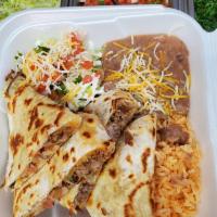 Quesadilla Plate · Flour tortilla filled with jack and cheddar cheese, your choice of meat, and pico de gallo. ...
