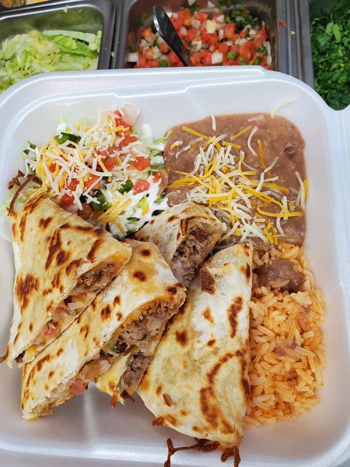 Quesadilla Plate · Flour tortilla filled with jack and cheddar cheese, your choice of meat, and pico de gallo. Served with a side of green salad, sour cream, rice, and refried beans.