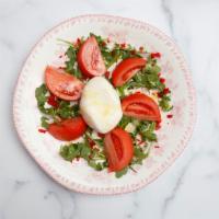 Burrata and Heirloom Tomatoes Brunch · Creamy mozzarella and seasoned heirloom tomatoes, baby arugula, white balsamic reduction and...