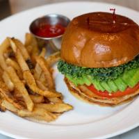 Kale Chicken Sandwich · American brioche, honey mustard free range chicken, kale, sliced tomato, avocado and french ...
