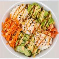 Volcano Bowl · Raw icon. Spicy ahi tuna, spicy salmon with sushi rice topped off with mango, cucumber, carr...