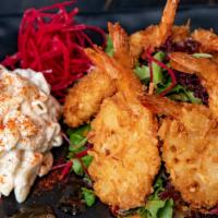 Coconut Shrimp · 6 pieces coconut shrimp with sweet chili sauce, sushi rice, Hawaiian mac, spring mix, and su...